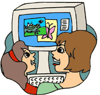 drawing of 2 people using a computer
