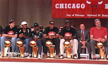 The Chicago Bulls with their trophies