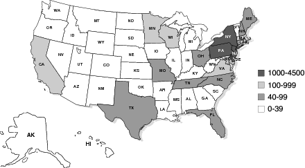 Reported Lyme disease cases by state (1999).