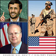 Clockwise from left: Karl Rove, The Statue of Liberty, and the Flag of Iran